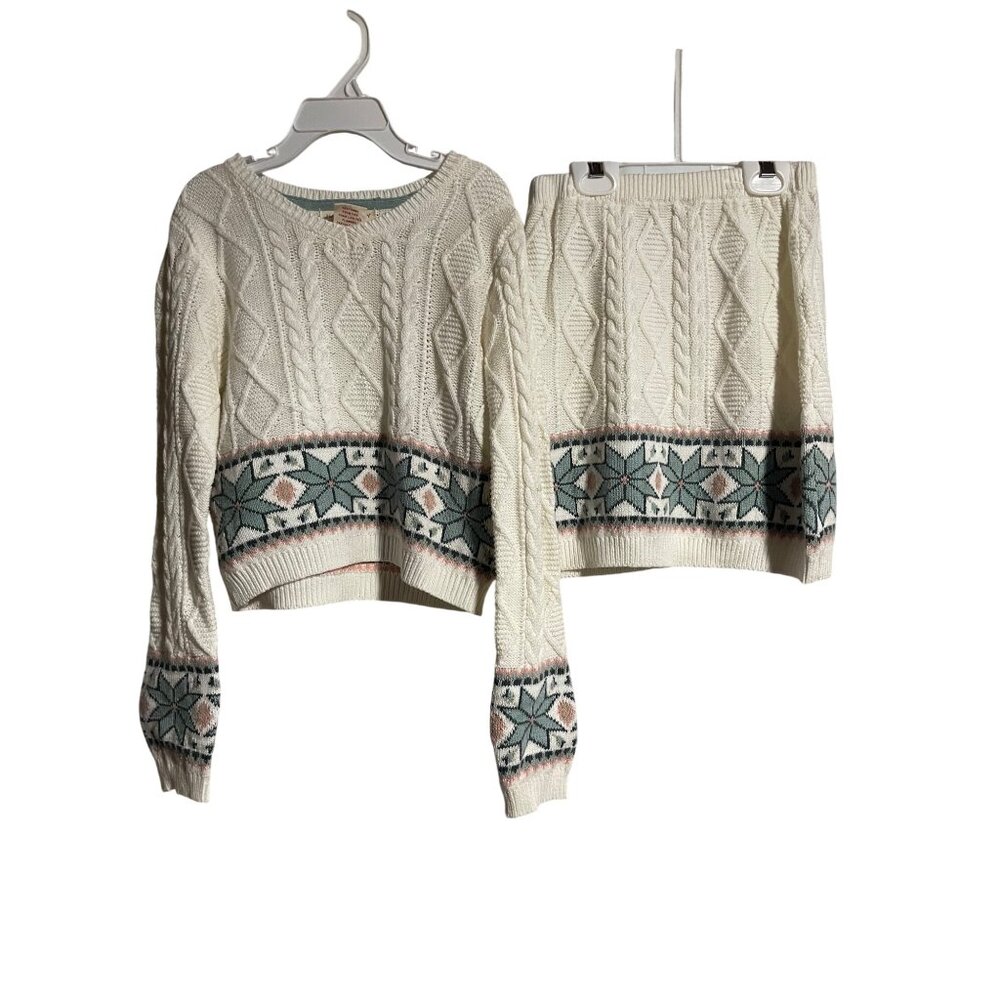 Happily Grey Kids Sweater Skirt Set  M 7/8 Cable Knit Snowflake Ivory/Blue